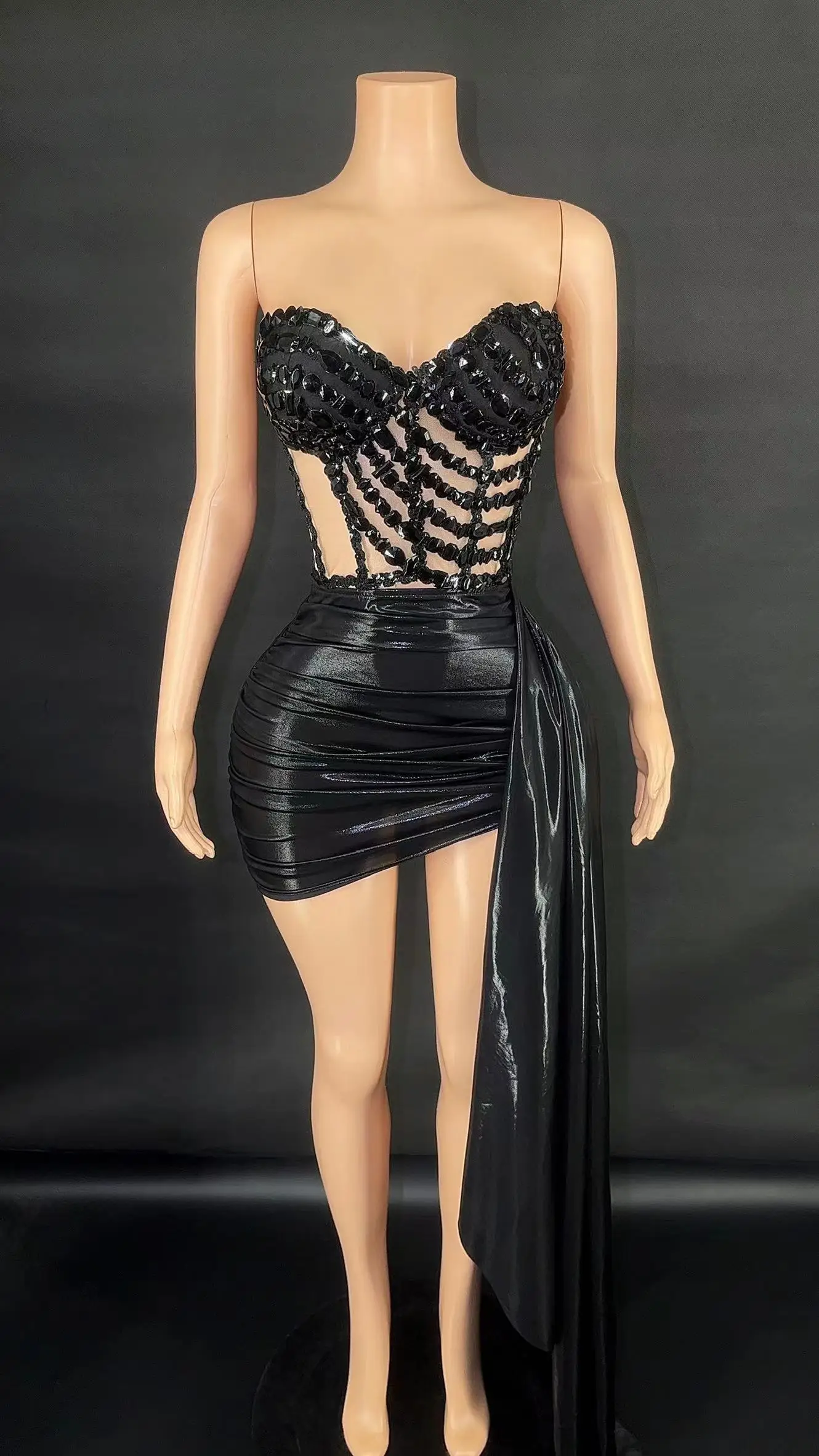 Estoque sexy strass vestido curto 2 peças conjunto para mulheres cristais brilhantes noite baile celebrar aniversário vestido sessão de fotos wear