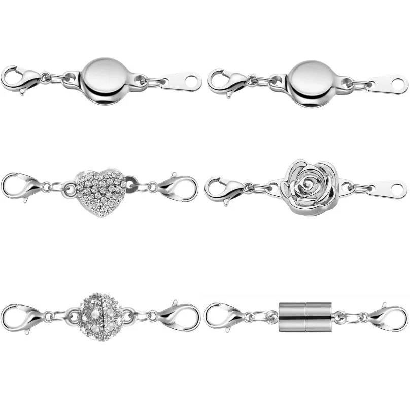 6Pcs Magnetic Clasps and Closures Lobster Silver Magnetic Jewelry Clasps Necklace Extender Round Rhinestone Ball Bracelet Making
