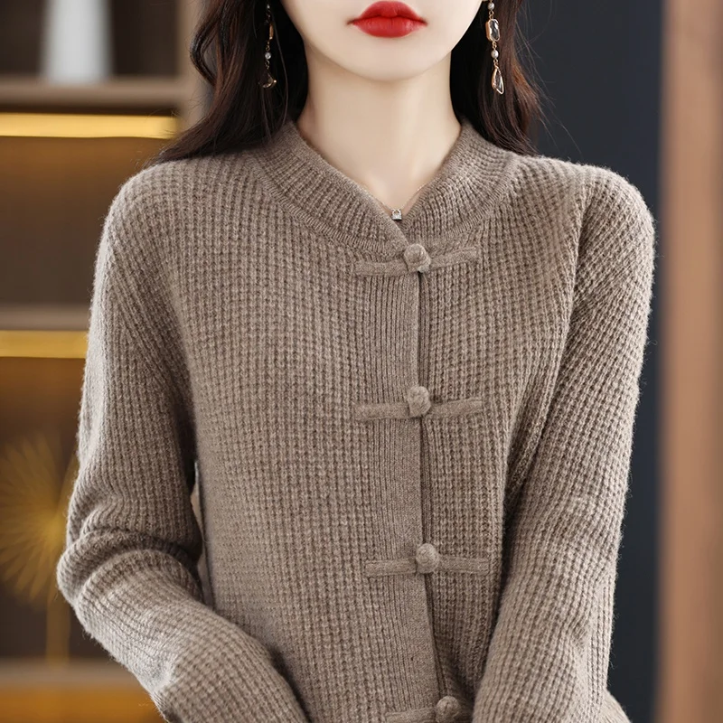 Chinese Cardigan 2023 Winter Women Clothing 100% Wool Knitwears Female High Quality Standard Woolen Tops