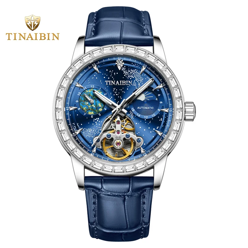 TINAIBIN Tourbillon Metal Moons phase watch man Automatic Movement Belt Business 22MM Skeleton Clock  가죽시계