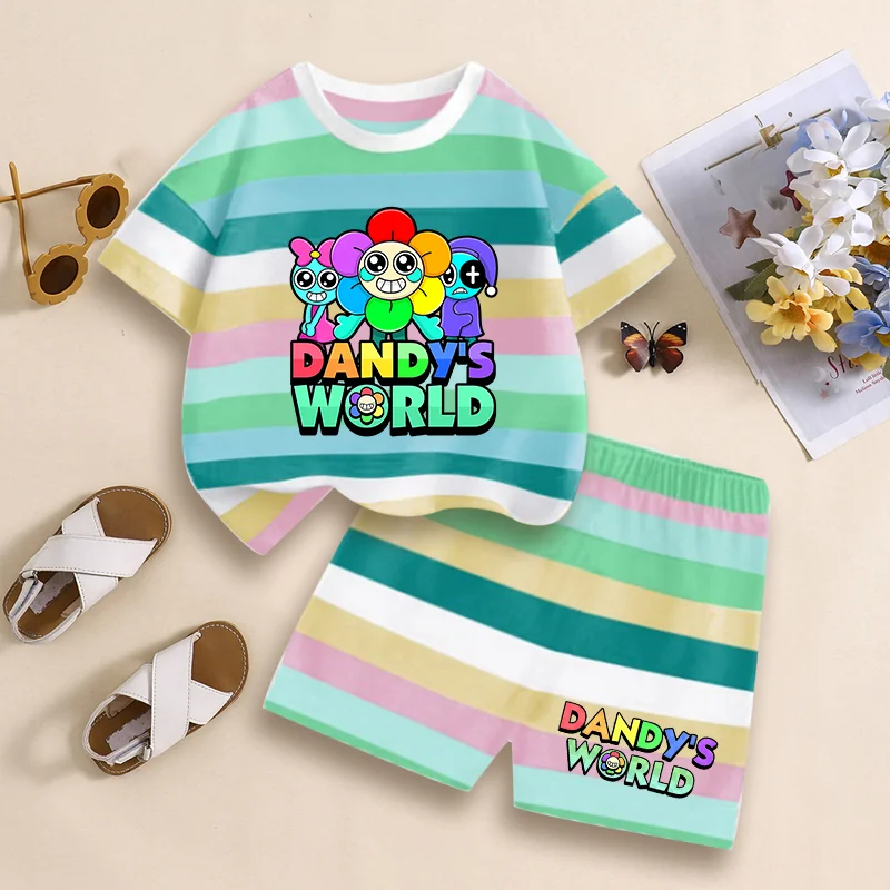 

2pcs Dandys World Sets Boys Girls Summer Stripes Suit Cartoon Game Print T-Shirt Shorts Casual Sport Trend Toddler Clothes Gift