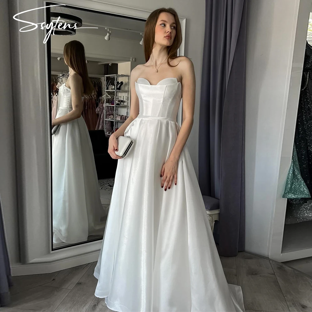 Elegant Satin A Line Long Wedding Dresses Dress Strapless Women Bridal Bride Gowns Princess Vestido de noiva Dress Plus Size