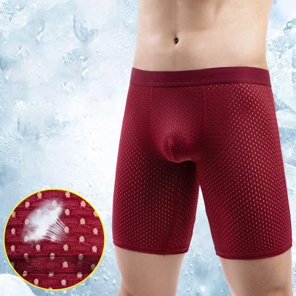 Men Ice Silk Long Leg Boxer Shorts Mesh Underwear Breathable Underpants Quick Dry Lengthening Wear Resistant Boxers Briefs