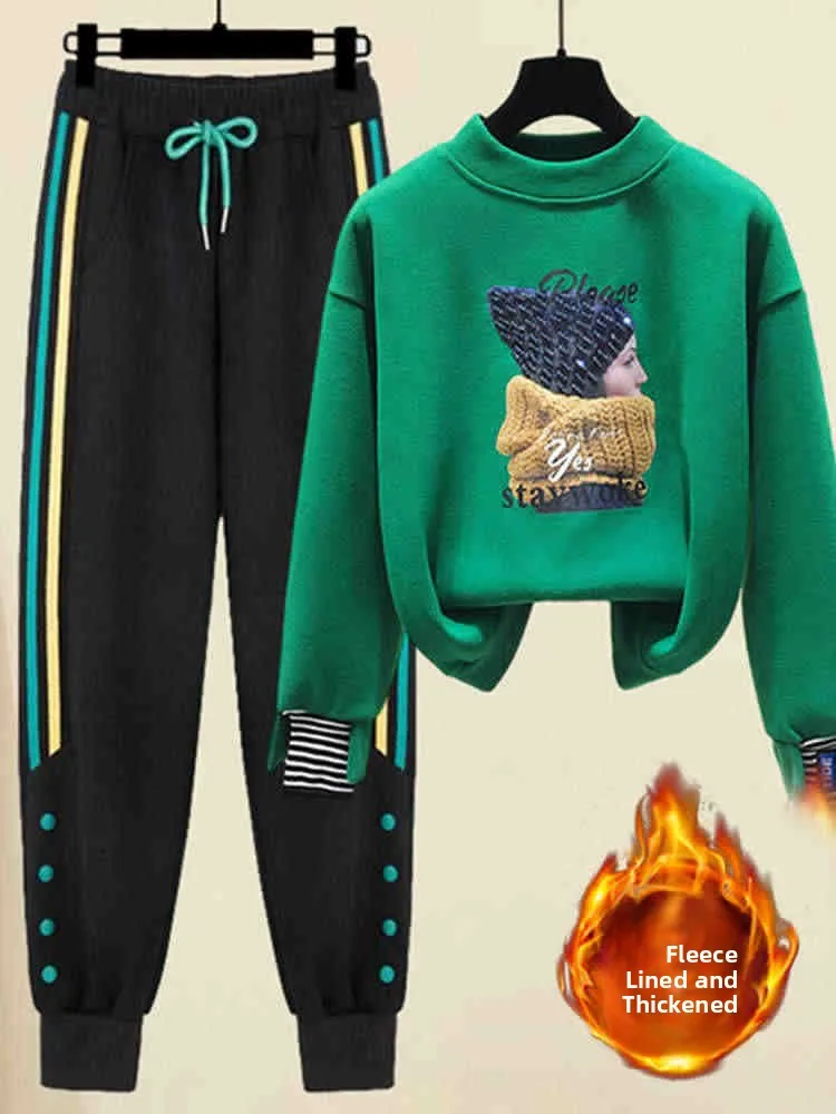 

Women's Casual Fleece-lined Thickened Sweatshirt Set Autumn Winter Fashion Anti-aging Sportswear Two-piece Korean Style