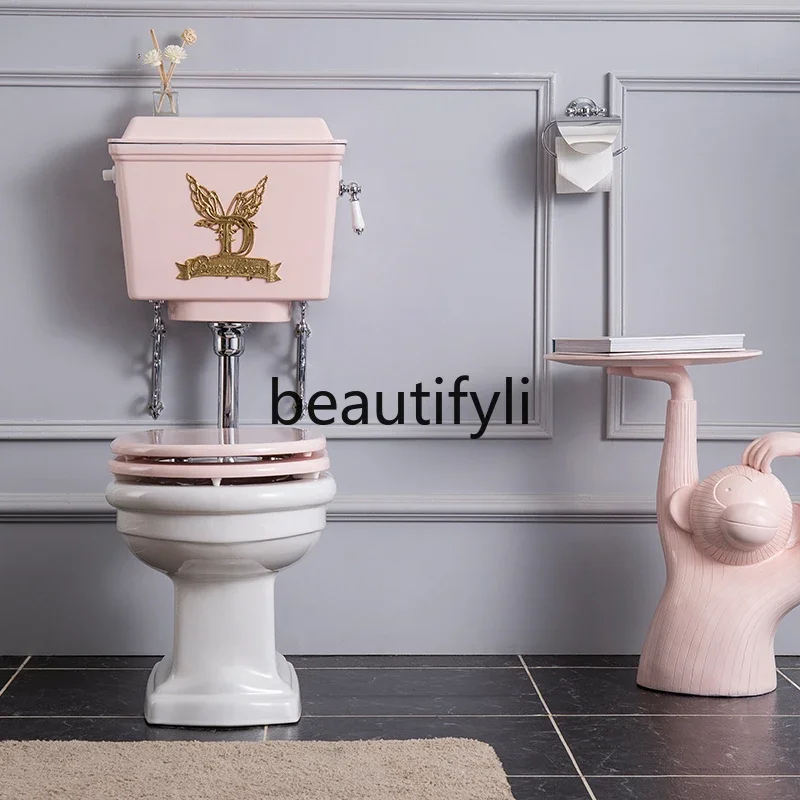

British style retro toilet pink aluminum alloy water tank split toilet silent solid wood cover light luxury