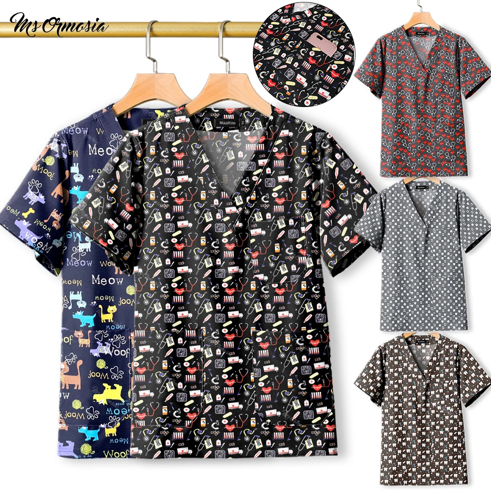 

V-neck Scrubs Tops Nurse Uniforms Women Print Working Blouse Medical Surgical Uniforms Clinical Nursing Shirts Spa Pet Dentistry
