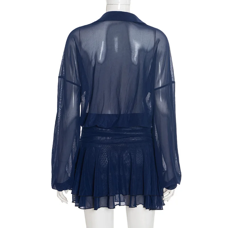 See Through Mesh Ruffles Mini Dress Women Fashion Turn Down Collar Long Sleeve Single Breasted Shirt Ruched Casual Streetwear