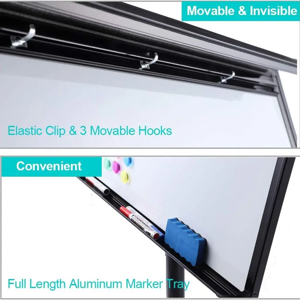 ارتفاع قابل للتعديل 40 × 28 سبورة بيضاء مغناطيسية متنقلة مع حامل دوار، مسح جاف، مخطط قلاب، مغناطيس وممحاة، أسود #3