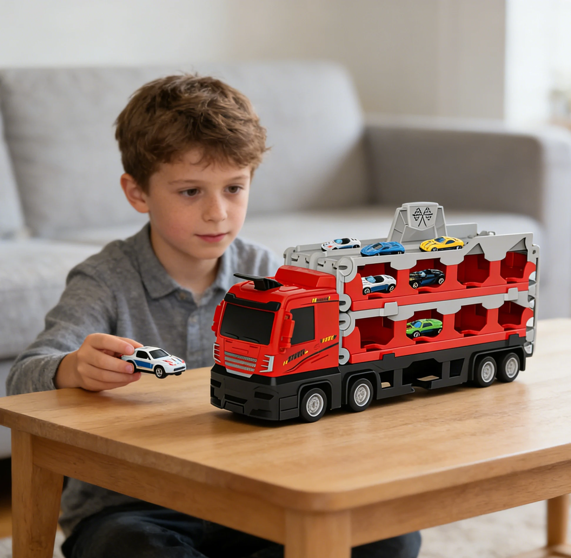 

Catapult Railcar Toys with 24 Race Cars Carrier Truck Toys Folding Ejection Race Track for 3-8+ Years Old Boys & Girls