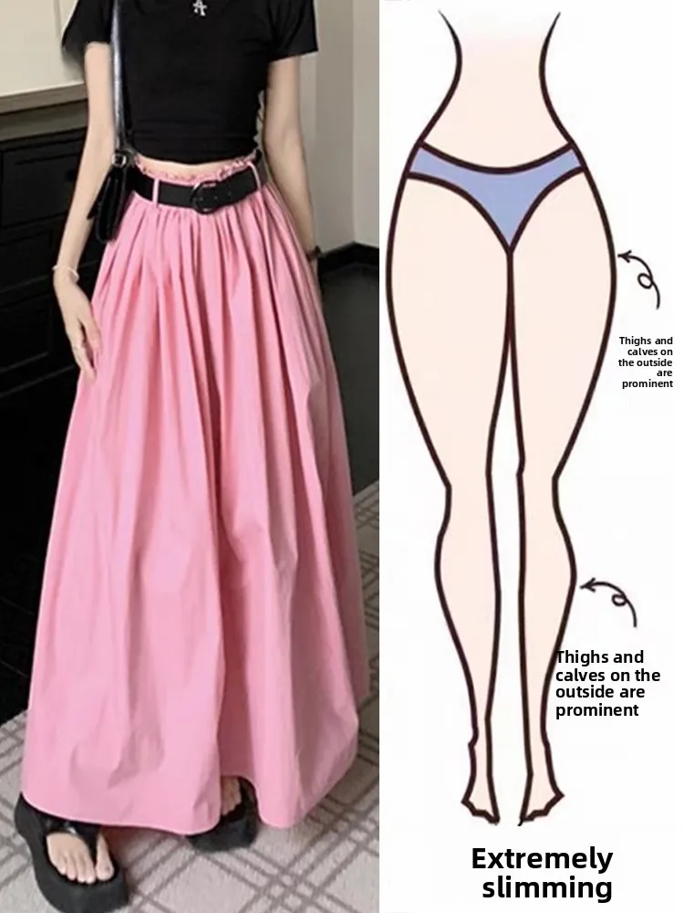 

Summer New Sle Women's Dopane Pink Long High Waist A-Line Skirt Meat Concealing Midi Skirt Korean Sle Faionable