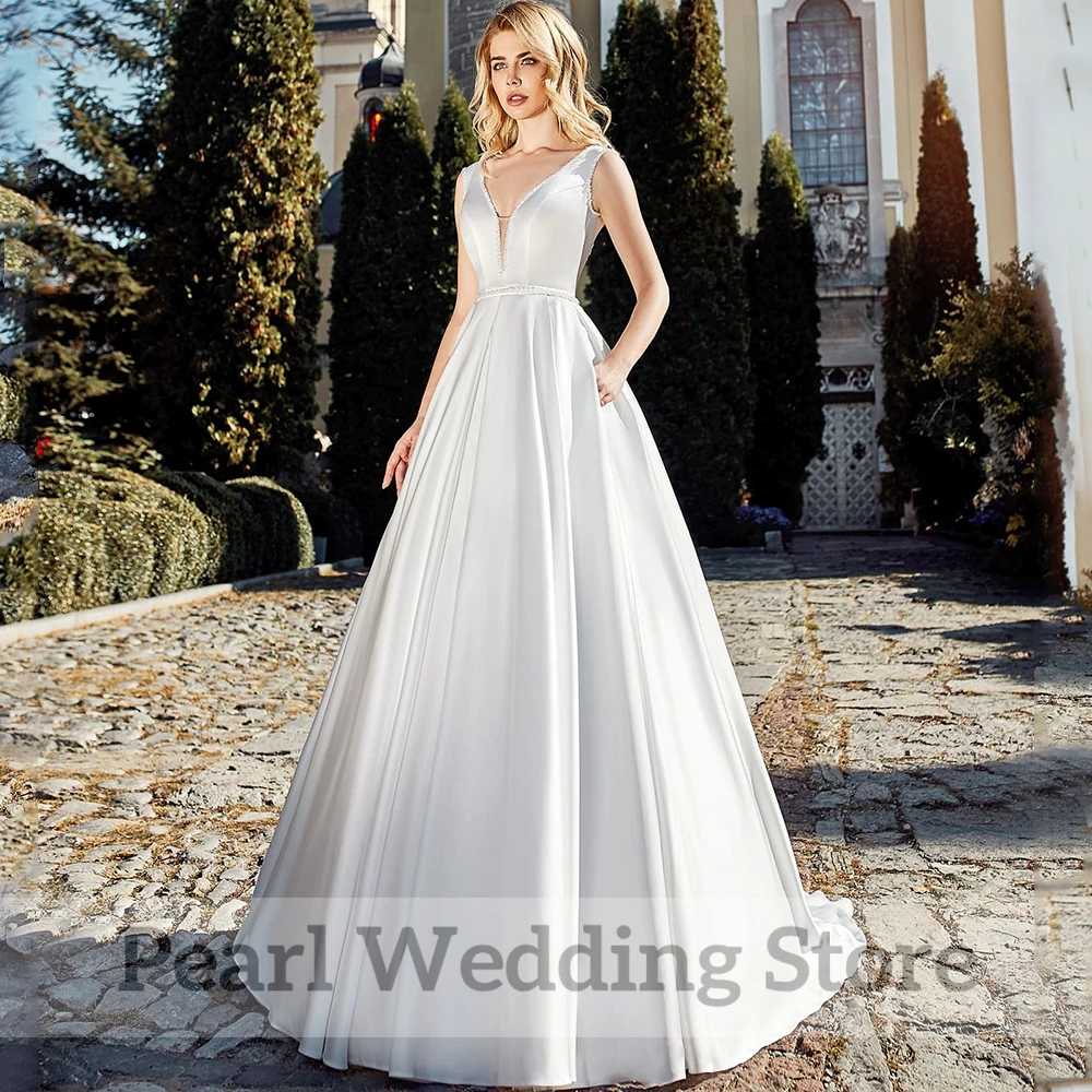 High Quality Satin Wedding Dress Deep V-Neck Sleeveless Backless Bridal Gown Beading Neck Belt Pocket Formal Church Bride Robe