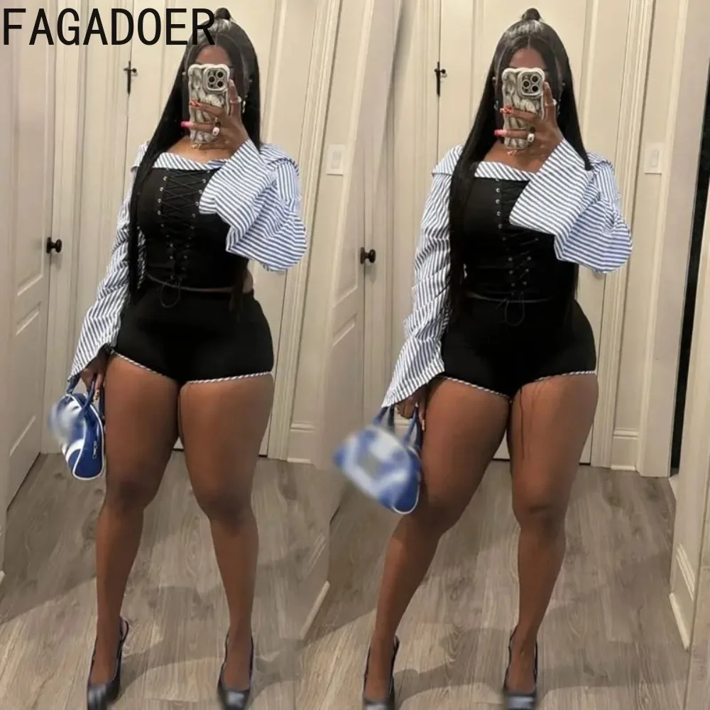 

FAGADOER Sexy Women 2 Piece Set Outfit Off Showlder Striped Bandage Patchwork Crop Top and Slim Shorts Fashion Suits Streetwear