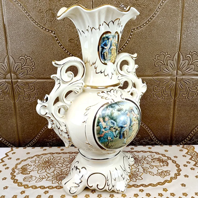 Vas bunga besar Eropa, keramik berlapis emas, motif delima, hiasan ruang tamu, vas binaural, mewah kelas atas