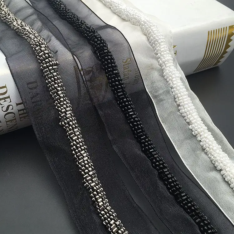 

Handmade Beaded Rope Braid Lace Trim Mesh Ribbon Black and White Beaded Clothing Shoe Hat DIY Accessories