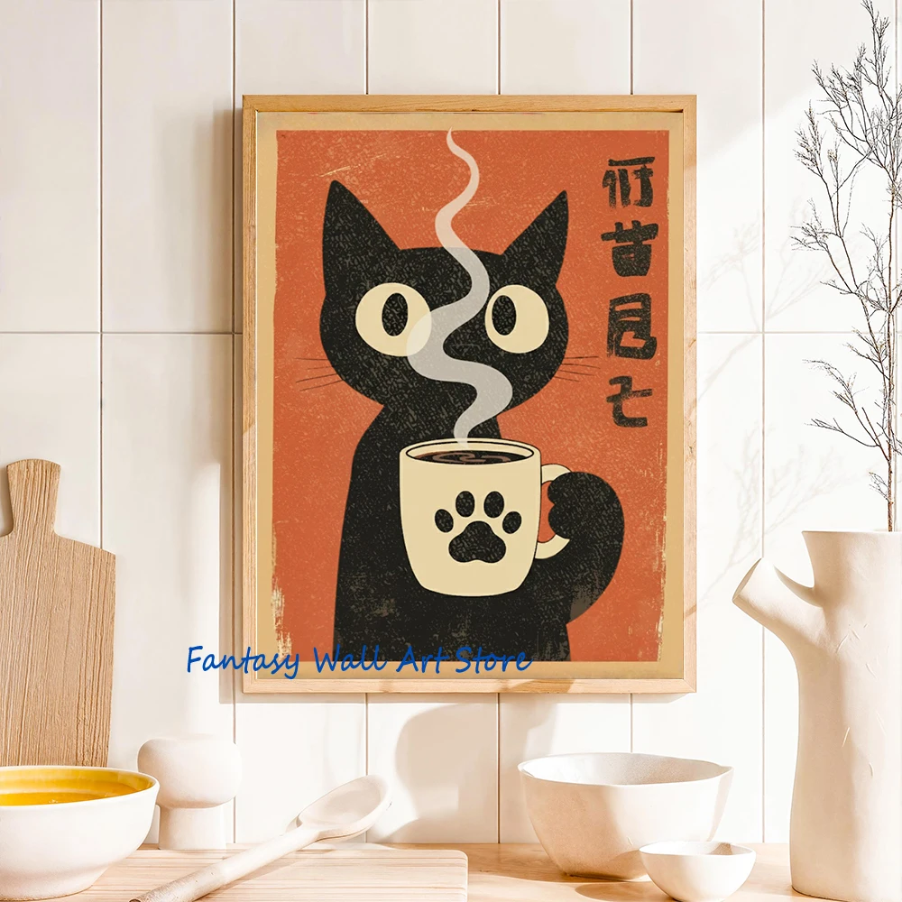 Japanese Ukiyo-e Style Black Cat Samurai Kitchen Sushi Ramen Illustration Poster Canvas Painting Wall Pictures Home Decor Gifts