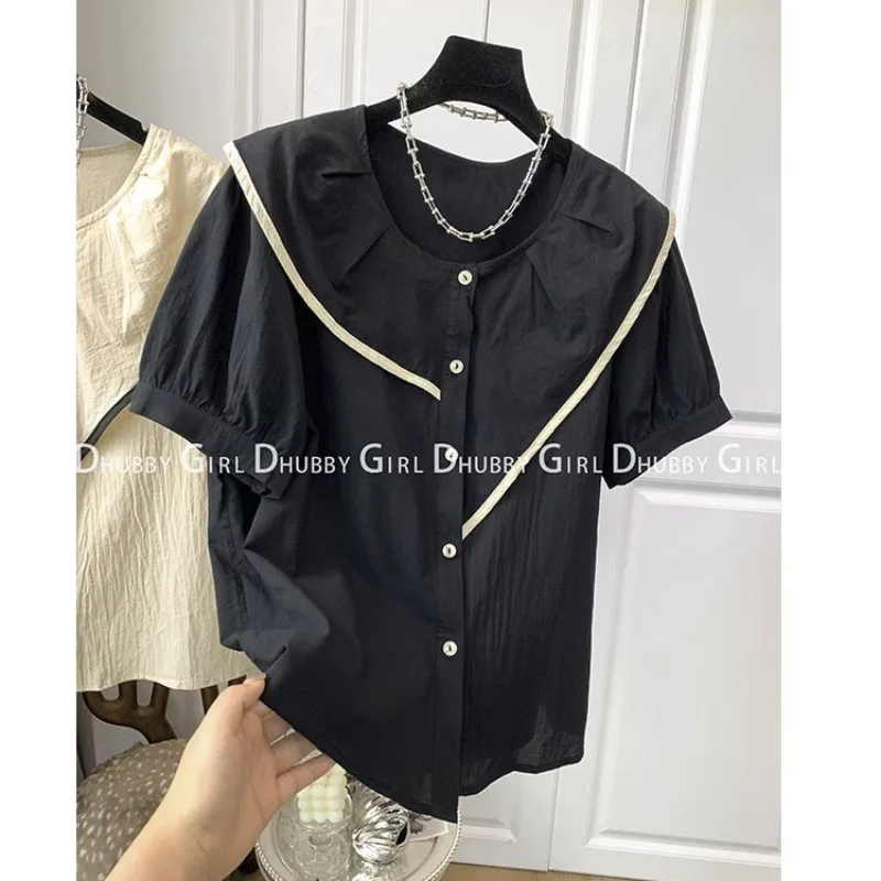 Y2K Black Korean Fashion Basic Short-Sleeved Chic Decorative Design Buttons Women 2023 Summer Shirt Ladies Blouse