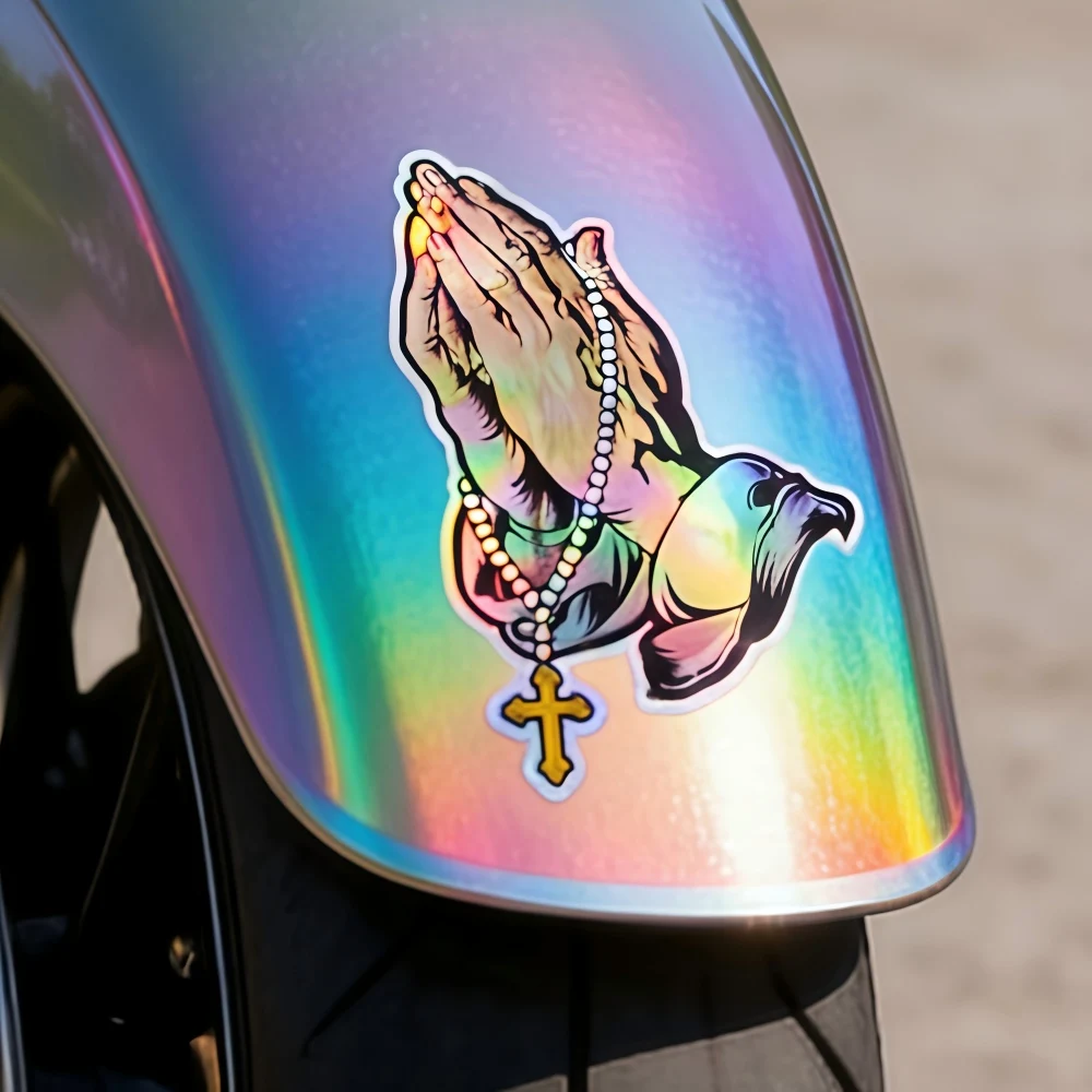 1Pc Holographic Christian Praying Hands Vinyl Sticker, Iridescent Religious Waterproof Decal for Car Window Body Decoration
