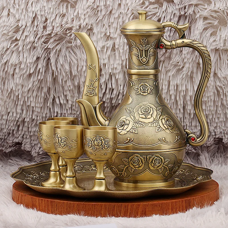 Light Luxury European Antique Style Six-Piece Rose Wine Pot Wine Glass Wine Utensils Suit Home Wedding Housewarming Metal Gift