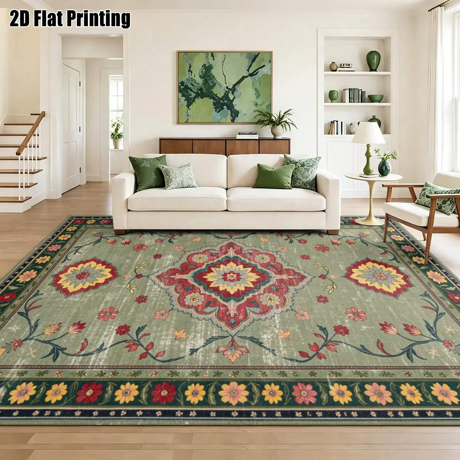 1Pc 2D Printed Carpet: Warm-Toned Retro Ethnic Floral & Geometric Patterns Home Decor, Multi-Size, Machine Washable, Ideal for Door Mats, Dining, Foyer, Study, Living Room, Bedroom Floors.