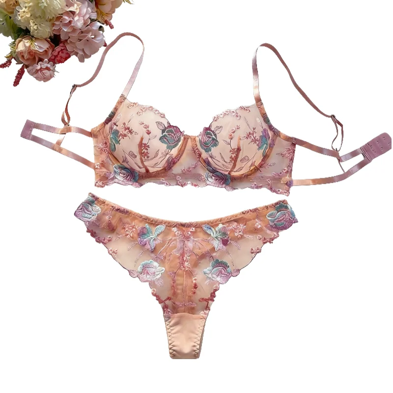 Sweet Pastel Embroidered Ladies' Bra And Panties Set With Steel Ring Support Upper Cup Thin Seamless Daily Underwear