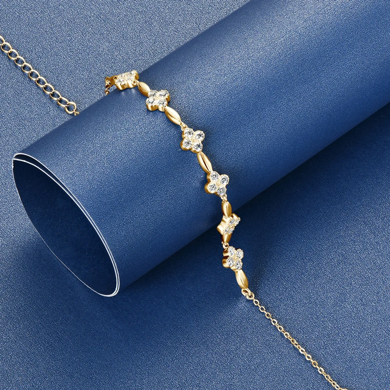 Anizw 2024 New Trendy 925 Silver 18k Gold Plated Flower Bracelet Moissanite 2mm D Color Chain Bracelet for Women Wedding Jewelry