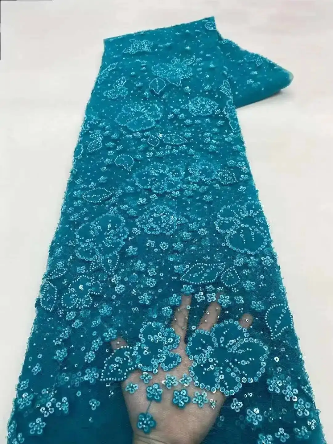 

5yards African Sequins Beads Lace Fabric 2025 High Quality French Mesh Tulle Embroidery Wedding Bridal Lace Material