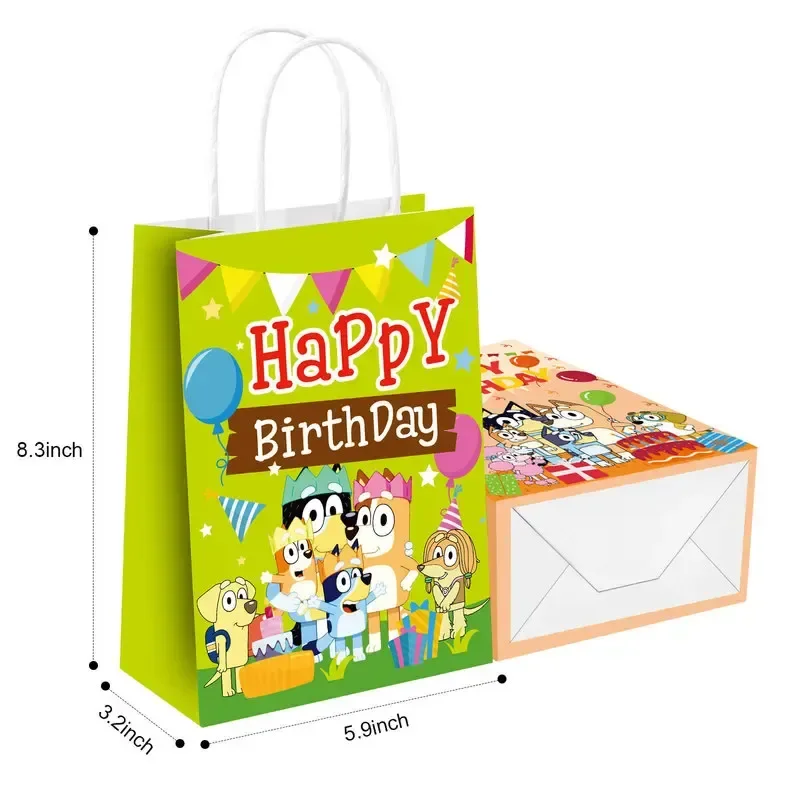 Cute Bluey Paper Bag Birthday Theme Portable  Cartoon Bingo Dog Color Square Bottom Gift Packaging Bag Gift Storage Bag 12/24pcs