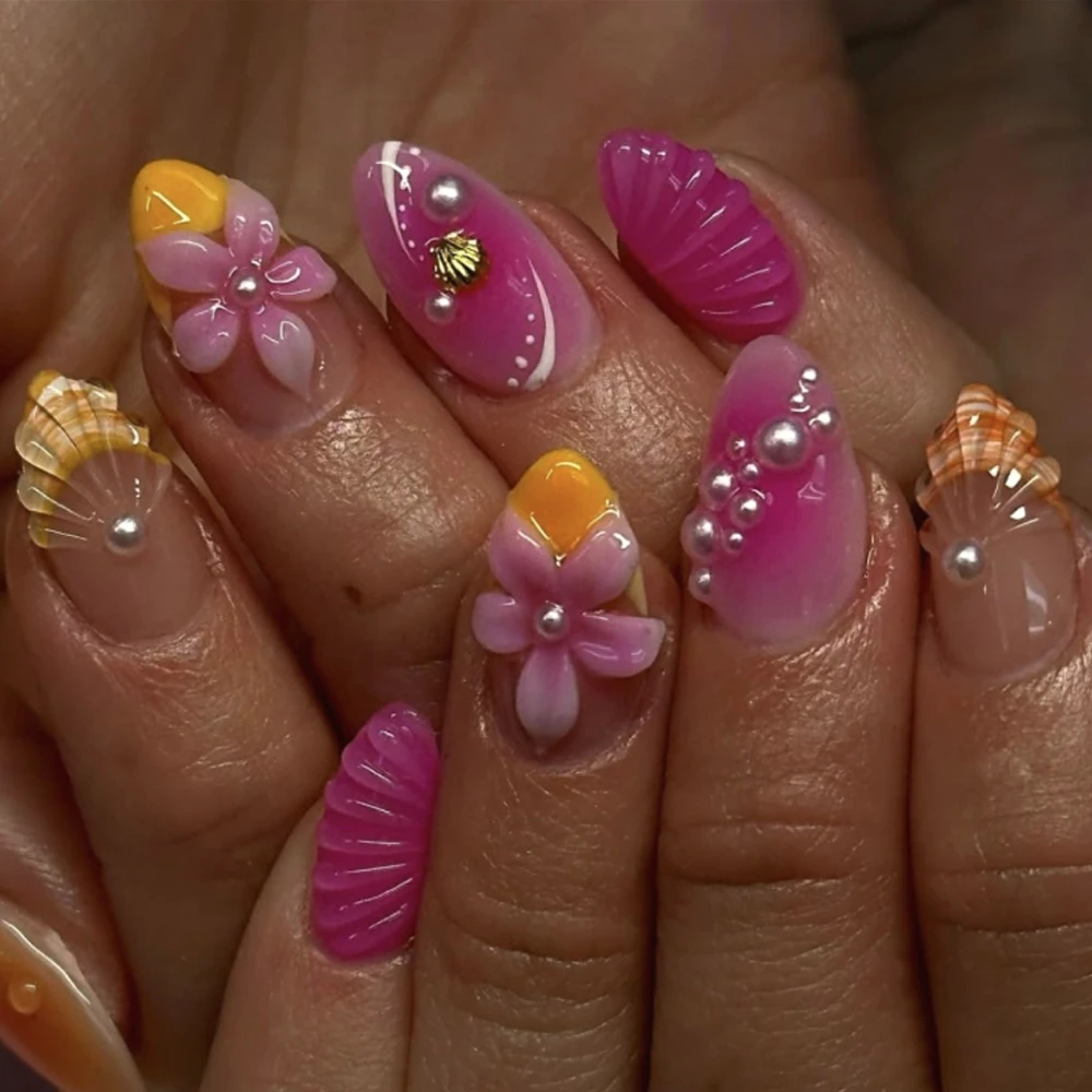 

3D Pearl Shell Water Ripple Flowers Pink Yellow French Nail Art Summer False Nails Detachable Finished Fake Nails Press on Nails