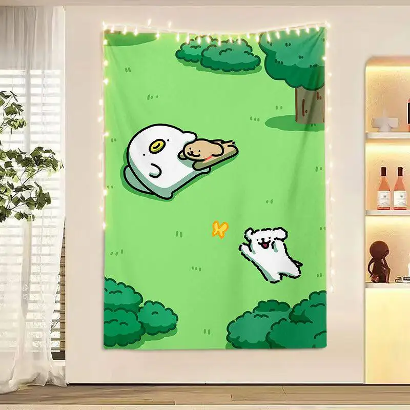 Maltese Dog Cartoon Line Internet-Famous Cute Aesthetic Tapestry Wall Hanging Decorative Cloth for Bedroom And Rental Room