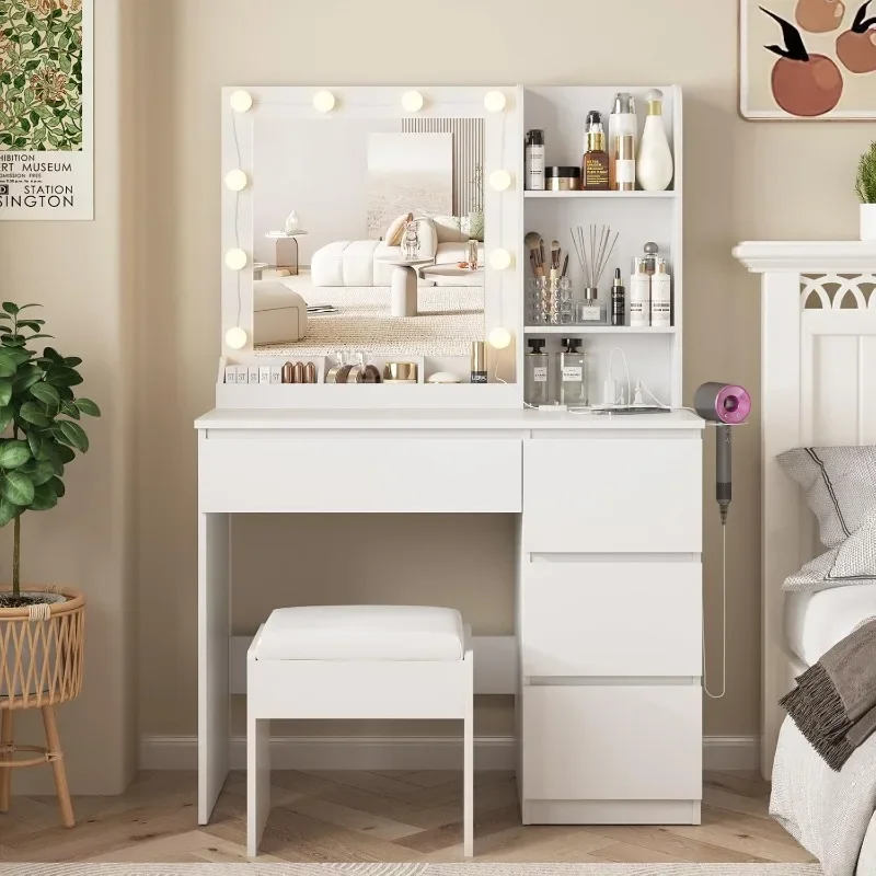 Vabches Vanity, Makeup Vanity Desk Set with Mirror & Light, Dressing Table Storage Lots with Power Strip, 3 Lighting Modes with