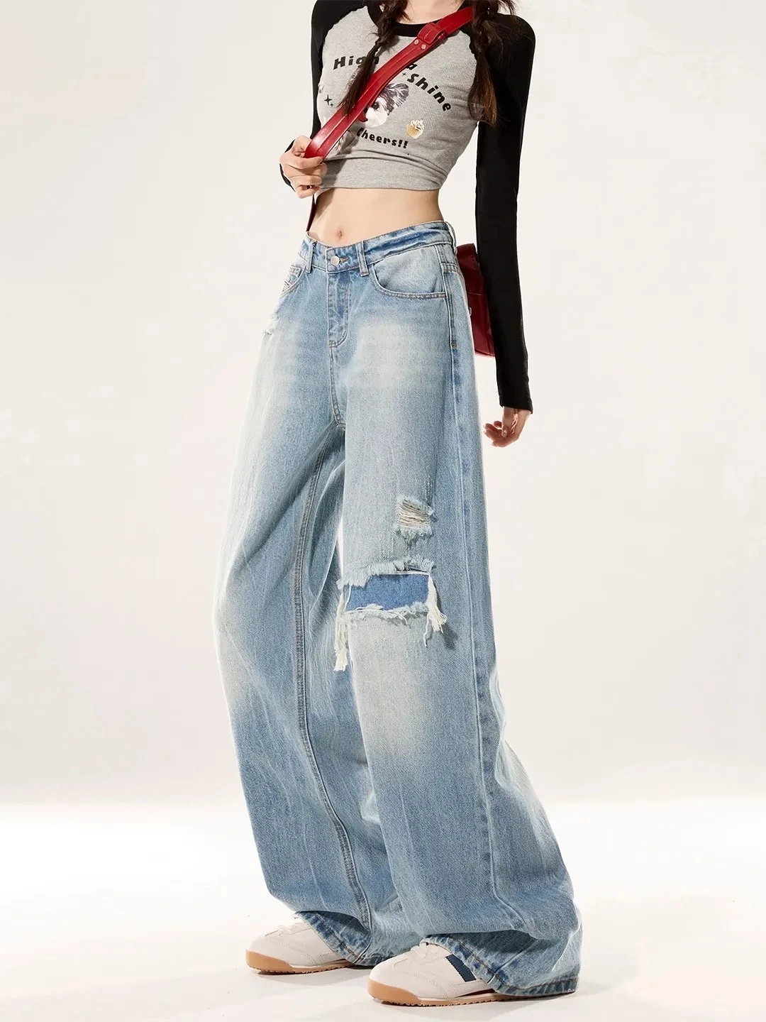 

Women's Blue Baggy Ripped Jeans Harajuku Vintage Y2k Denim Trousers Japanese 2000s Style Oversize Wide Jeans Long Pants Clothes