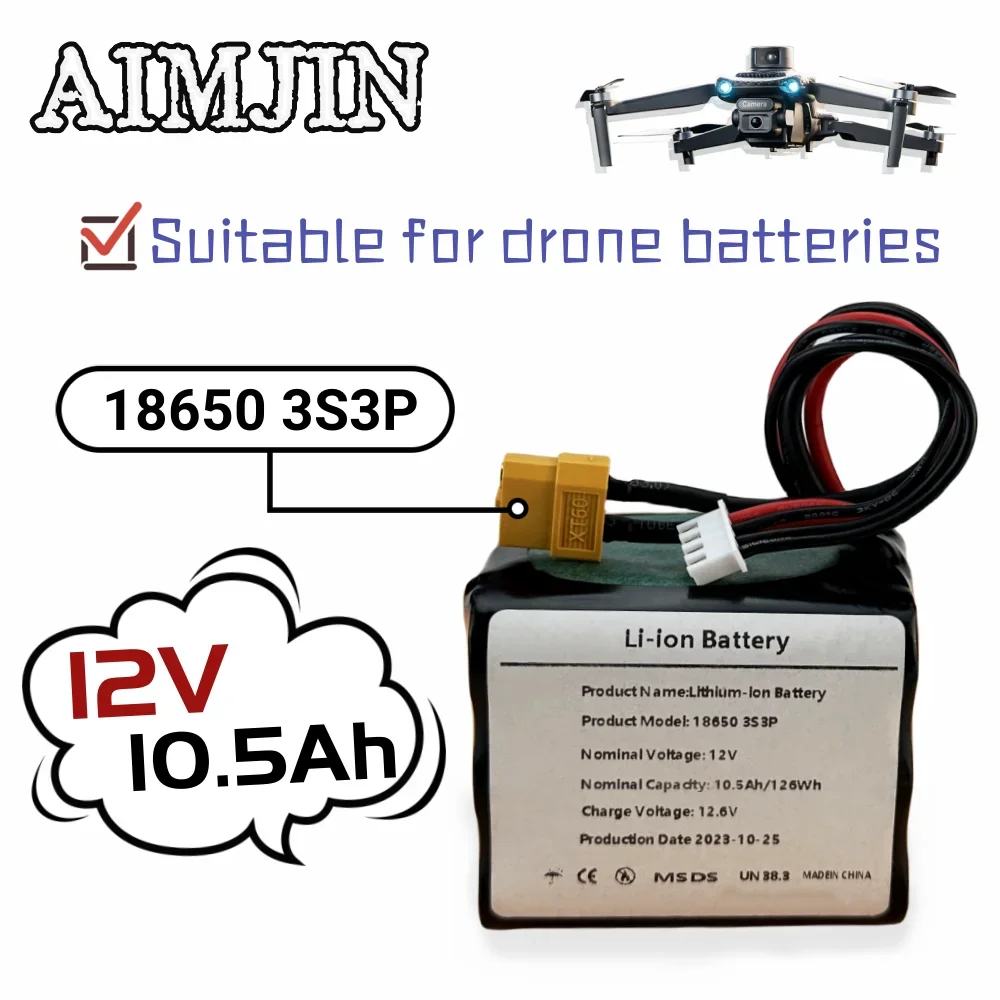 Bateria Li-ion recarregável para vários aviões RC Drone, Quadrotor, XH2.54-4P XT60, 18650, 3S3P, 12V, 10.5Ah