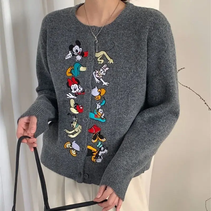 Cartoon Embroidery Wool Sweater Women Stylish O-Neck Cashmere Cardigan Winter Single Breasted Soft Knit Cardigan Versatile 008H