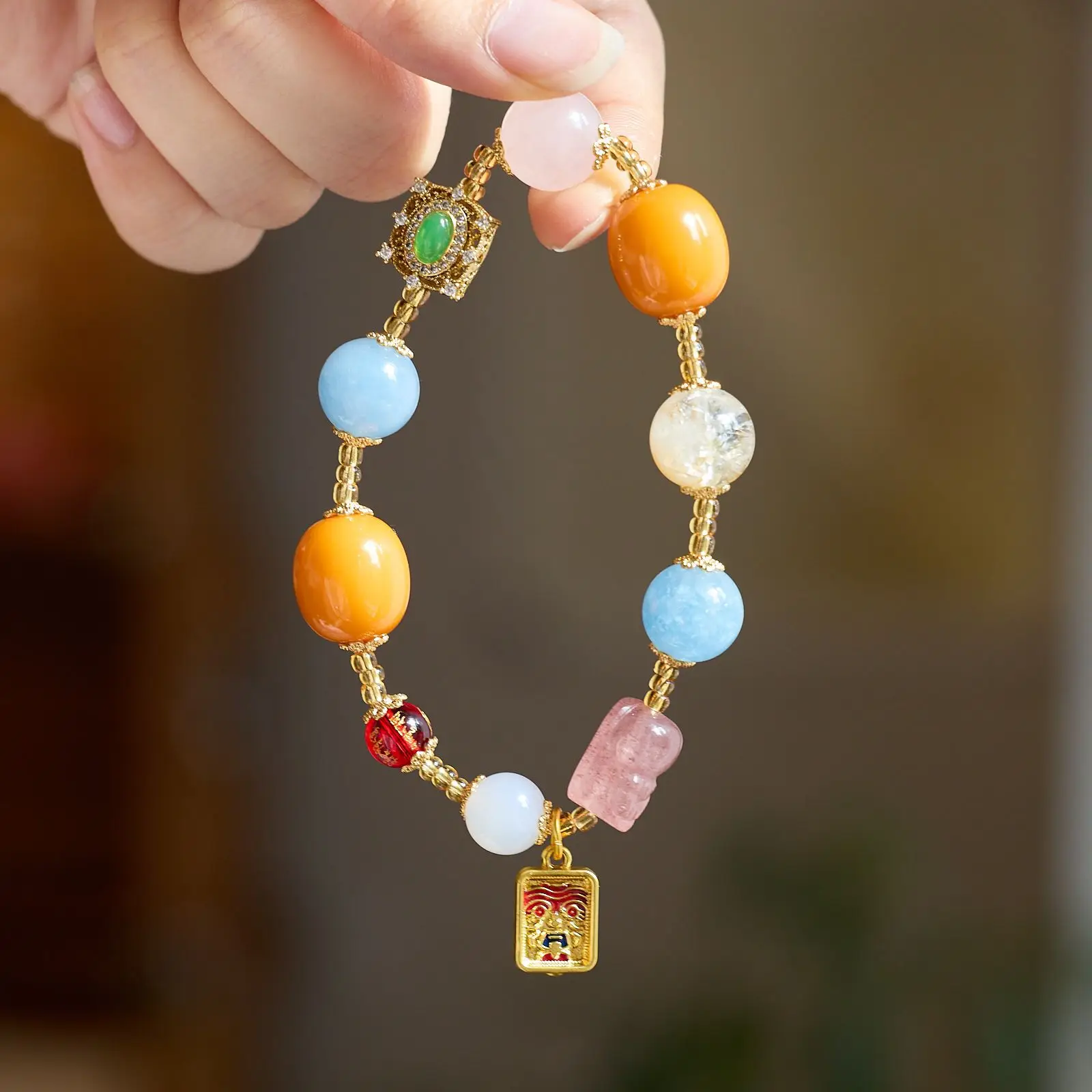 Natural Colorful Duobao Bracelet Beaded Women's Citrine Strawberry Crystal Zakiram Chinese Style Luxury HandString Lucky Jewelry