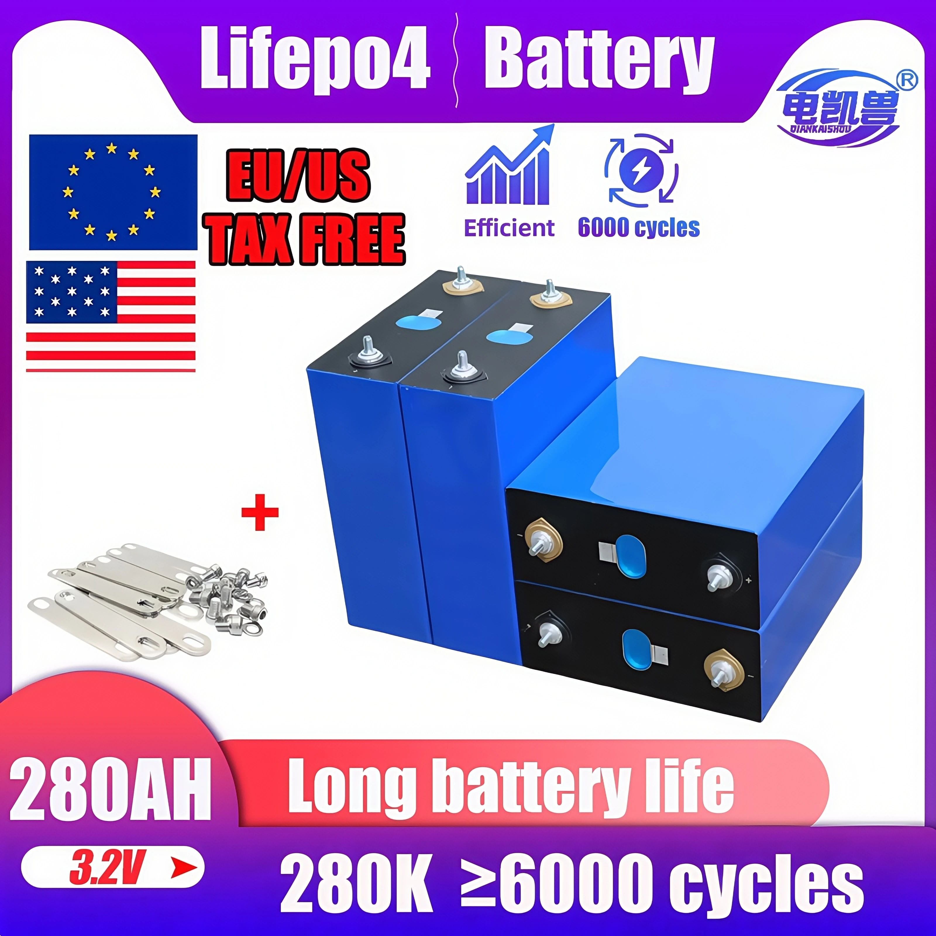 

Grade-A 3.2v 280ah 280K LiFePO4 battery cell A-class battery with 6000+cycles, suitable for DIY 12V 24V 48V lithium battery TOP