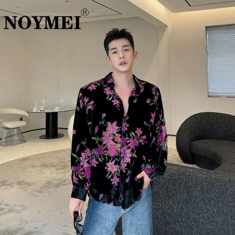 NOYMEI Contrast Color Fashionable 2024 Korean Style Top Flocking Long Sleeve Flower Pattern Niche Design Shirt Men WA4126