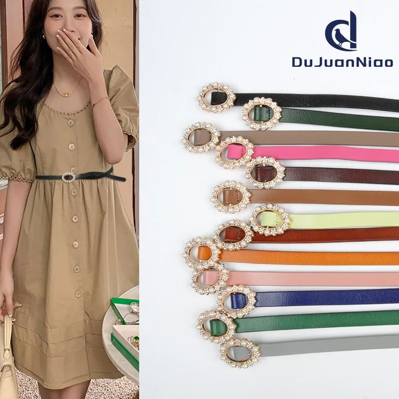 

Pearl inlaid women's thin belt simple holeless knotted belt with casual pants dress women