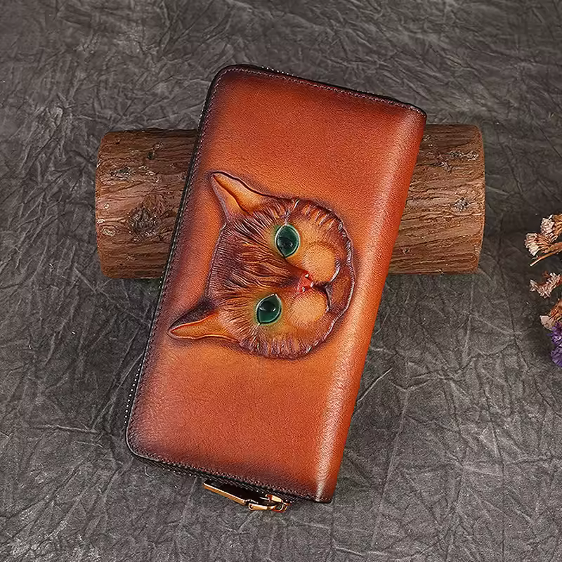 Genuine Leather Long Wallet for Women Purse ID/Credit Card Cash Holder Cat Pattern Retro Female Cowhide Money Purses Bag