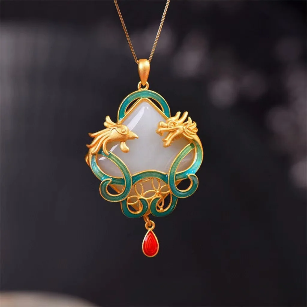 Hot Sale Hetian Jade Dragon and Phoenix Pendant for Men and Women Couple Source