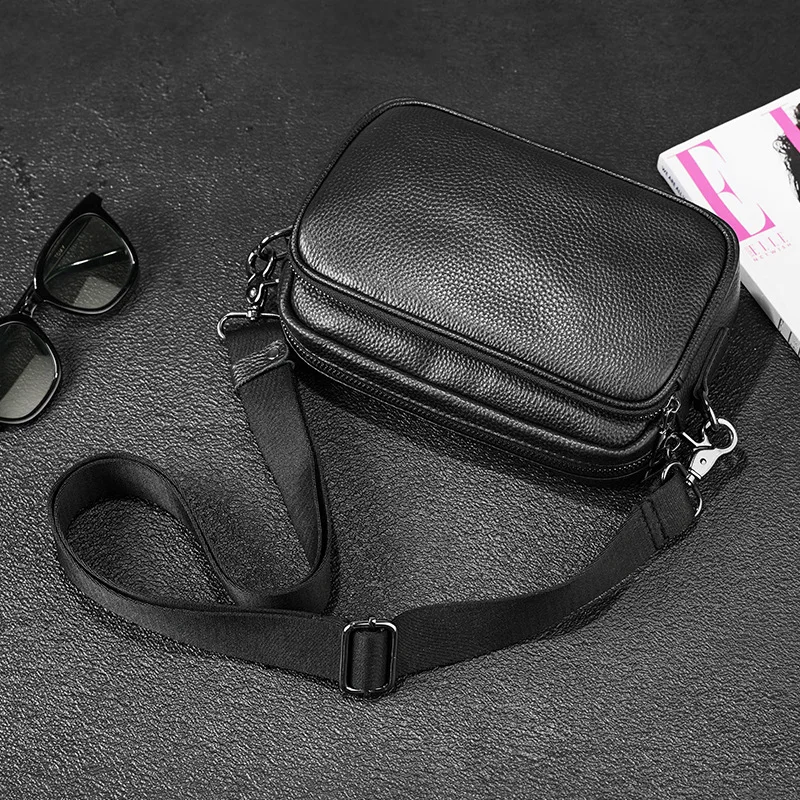 Men's Top Layer Cowhide Leather Crossbody Bag, Fashion Small Square Shoulder Bag