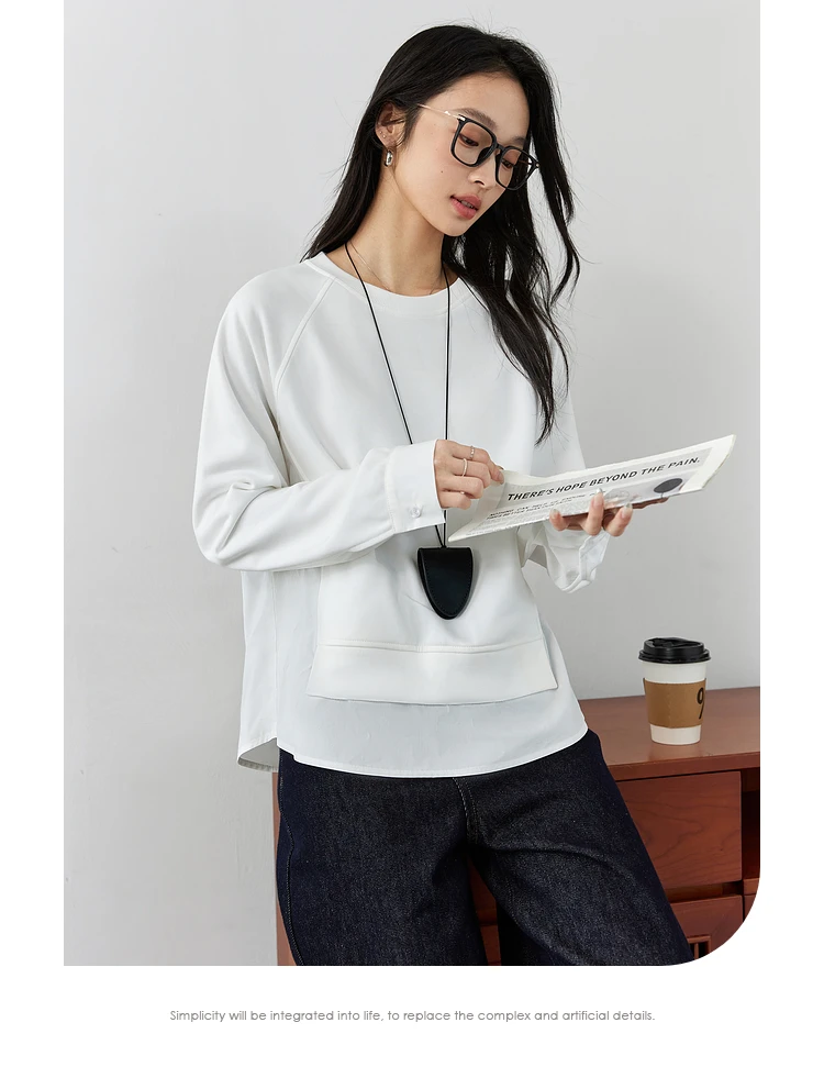 

VIMLY White Sweatshirt Woman Long Sleeve Tops Hem Splicing 2025 Spring Autumn Cotton Loose Crew Neck Top Female Clothes A0308