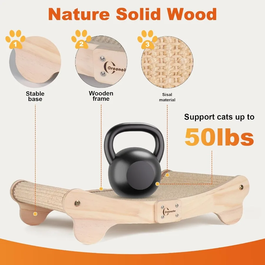 2in1 Cat Scratcher Bed for Indoor Use: Sisal Scratching Post and Comfortable Hammock with Easy Assembly NonTip Wooden Base Larg