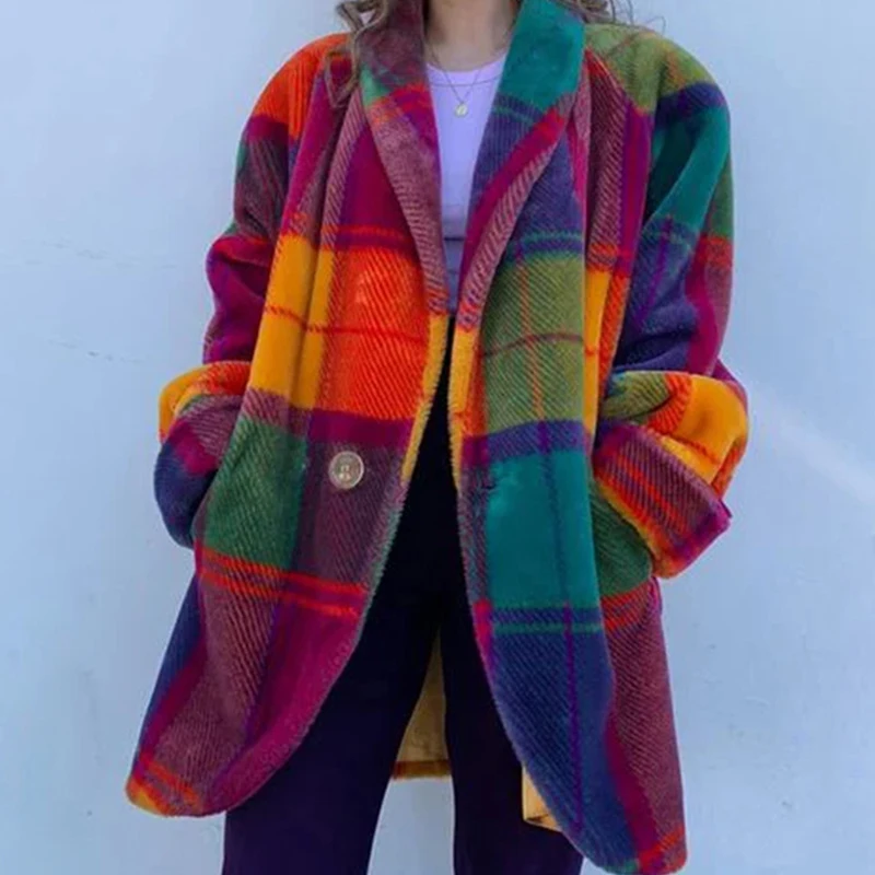 Female Contrast Color Plaid Print Woolen Coat Autumn Single Button Lapel Jacket Cardigan Winter Long Sleeve Pocket Women Outwear