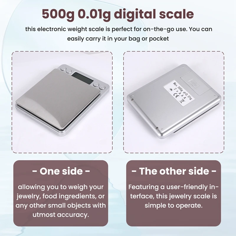 500G 0,01G digitale weegschaal Elektronische weegschaal Pocket Case Sieradenweegschaal Voedsel Keukenbalans Zilver