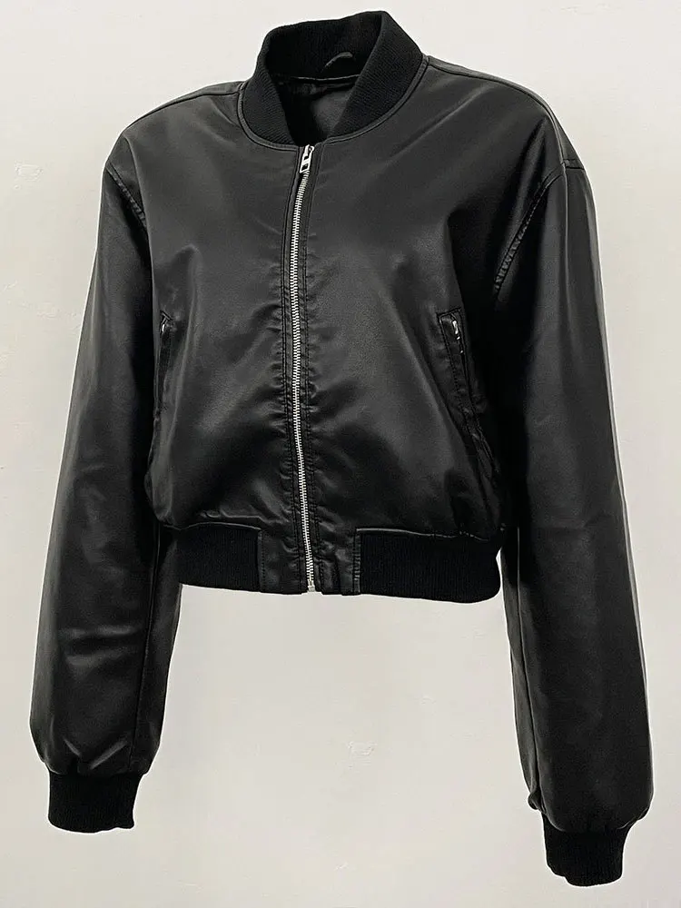 Giacca in finta pelle autunno/inverno per donna Colletto rialzato Cerniera Giacche in PU nere Cappotti da strada di moda casual americana
