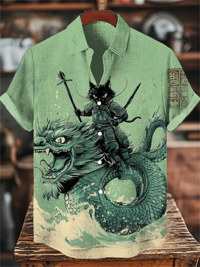 Herren Leinen lockeres Freizeithemd Top Retro Cloud Art Print und Ozean Oktopus Blume Sommer Bohemian Harajuku Retro