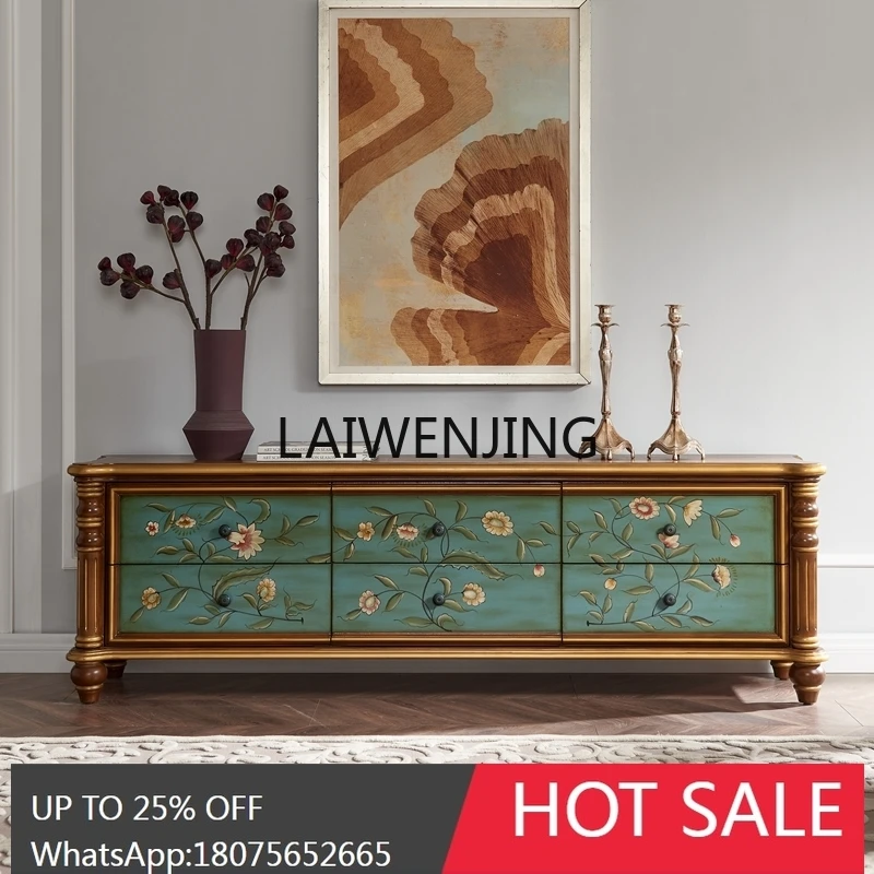 

European TV Cabinet Solid Wood American Painted Retro Video Floor Cabinet