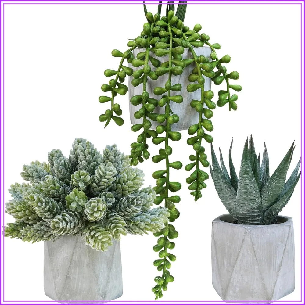 

Mini Artificial Succulent Plants Set of 3 - Potted Fake Aloe, Hops, String of Pearls in Gray Hexagon Ceramic Pots for Home Office Desk Décor