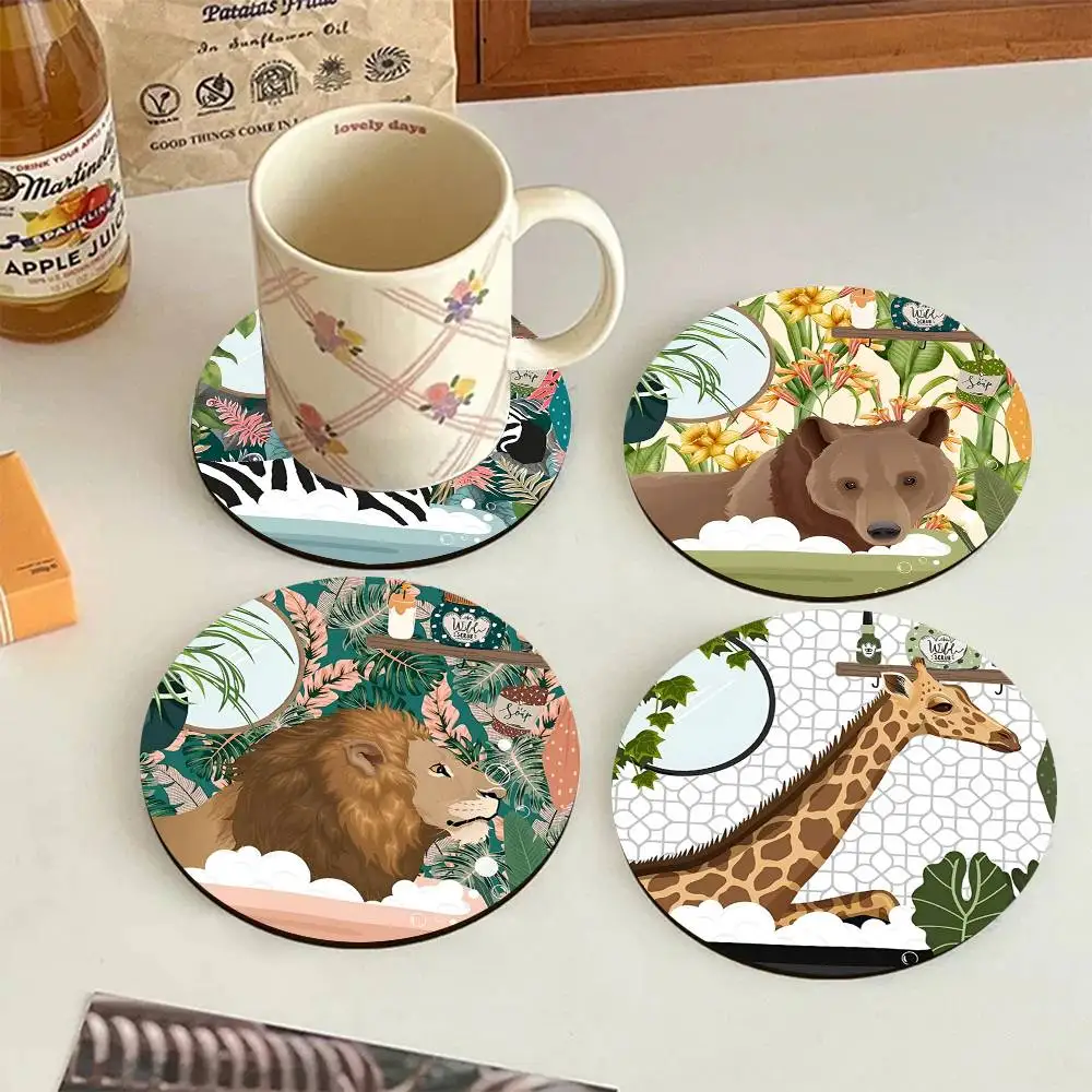 Animal Tiger Lion In Bathtub Botanical Round Wooden Coasters Suitable For Restaurants And Coffee Home Gift Choice Holidays