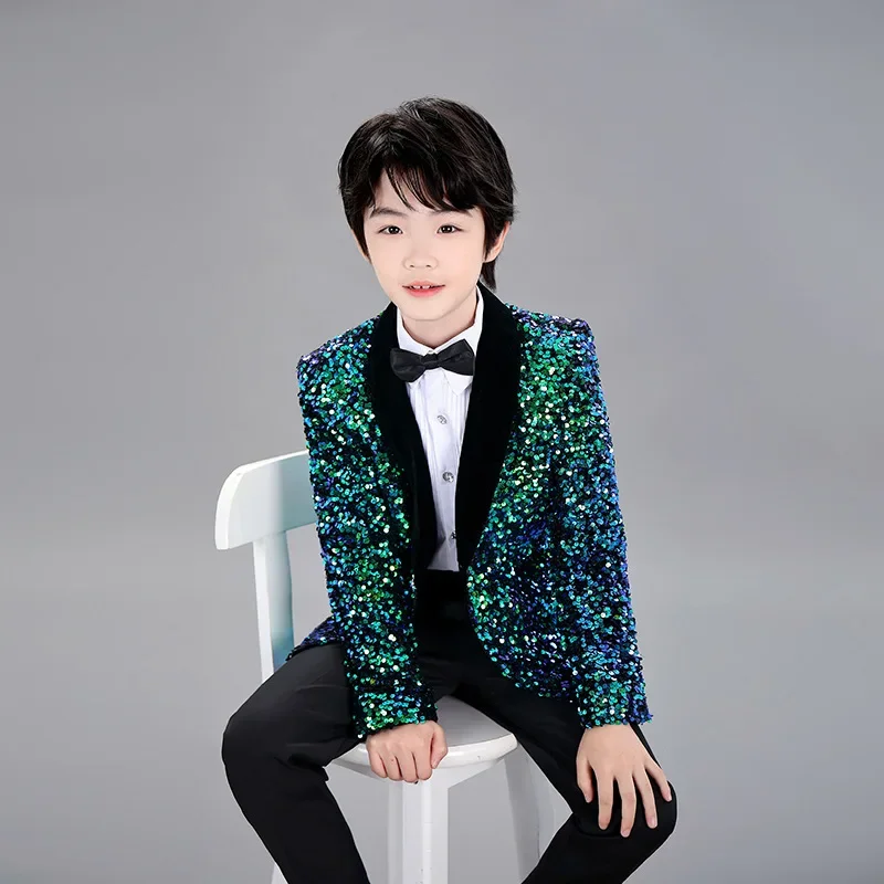 Children's Three-dimensional Color-changing Sequin Dress Boy Catwalk Cool Piano Performance Small Host Suit Performance Single